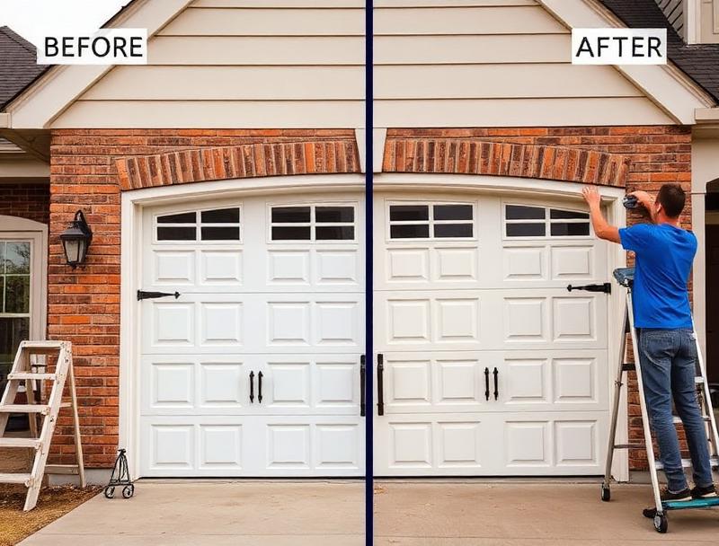 Professional garage door installation showing before and after transformation